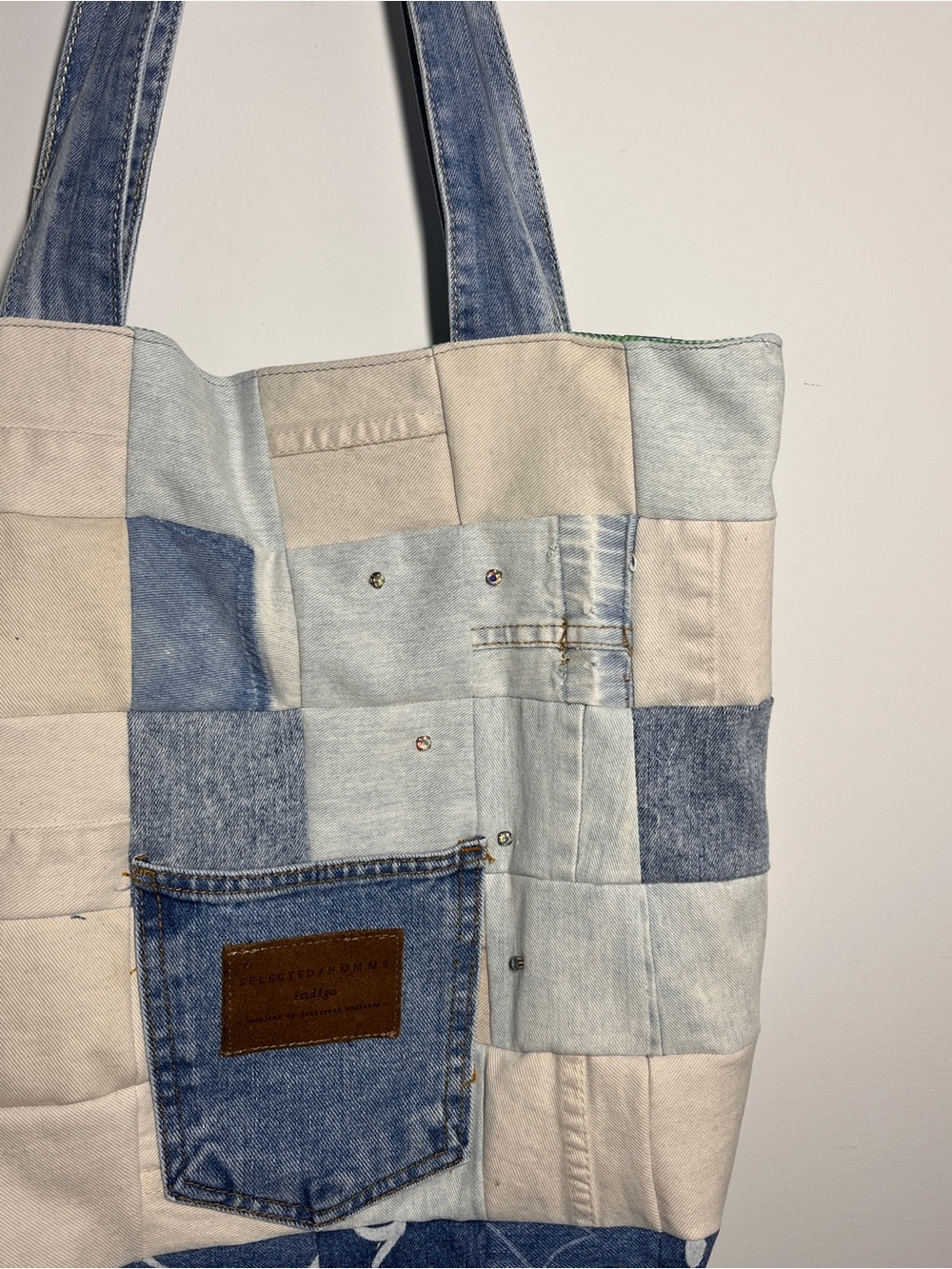 Hand Crafted Denim and Cream Patchwork Tote | Upcycled Denim